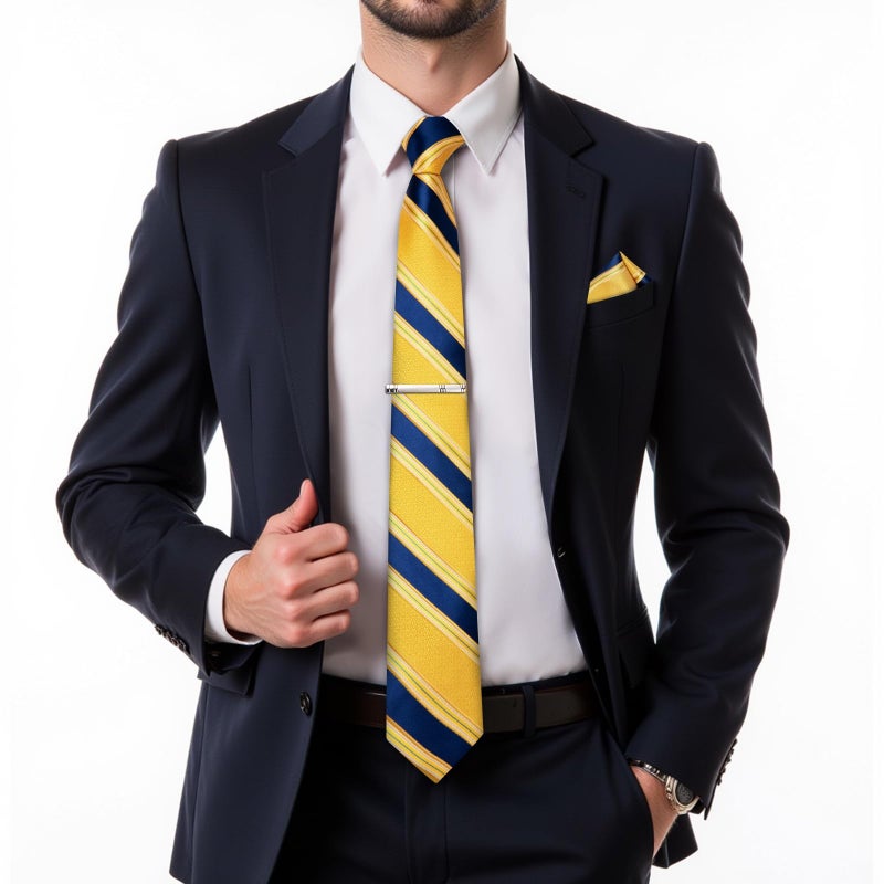DiBanGu Mens Striped Tie Silk Woven Necktie and Pocket Square Cufflinks Tie Clip Set Wedding Business Formal, Yellow and Blue - Image 2